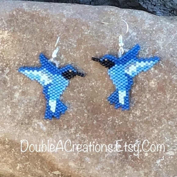 Blue Hummingbird Beaded Earrings, New, Handmade by Me - Picture 5 of 7
